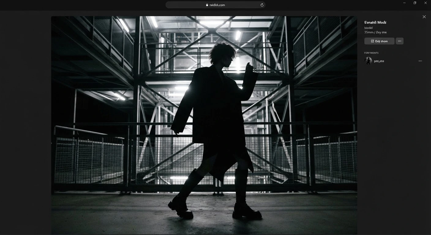 Editorial silhouette against an industrial grid structure, deep shadows.