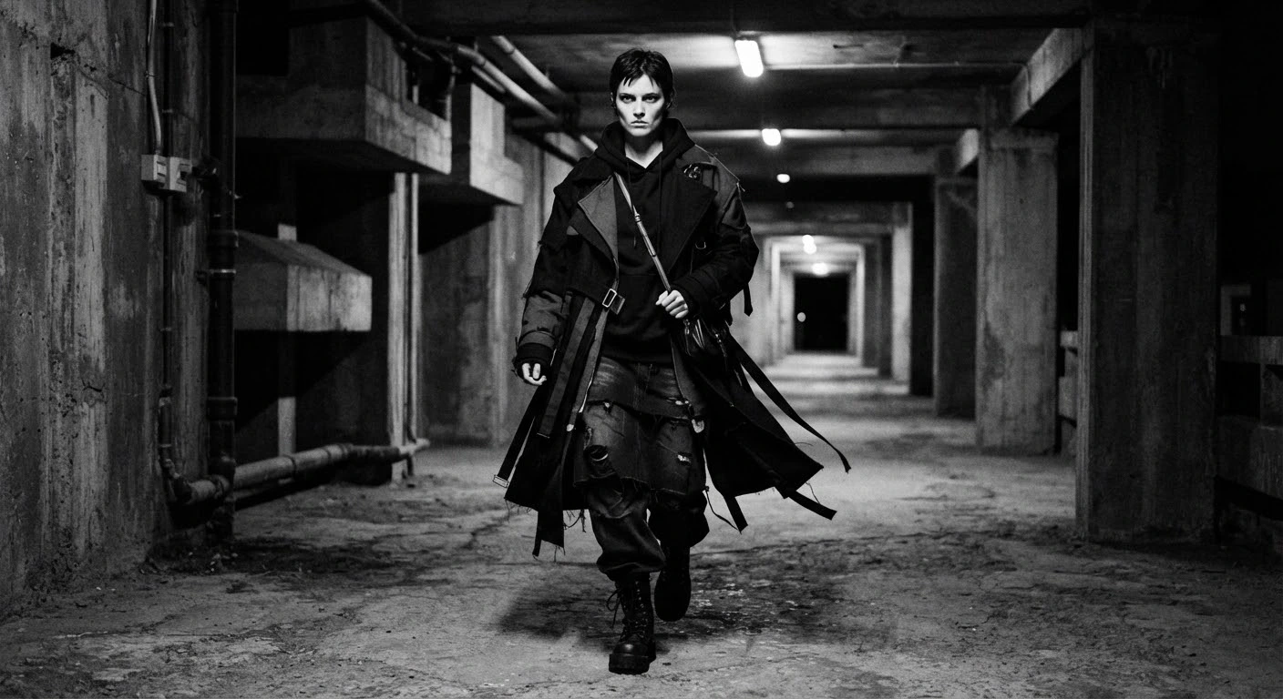 Full body walk down a brutalist concrete hallway, deconstructed avant-garde streetwear.