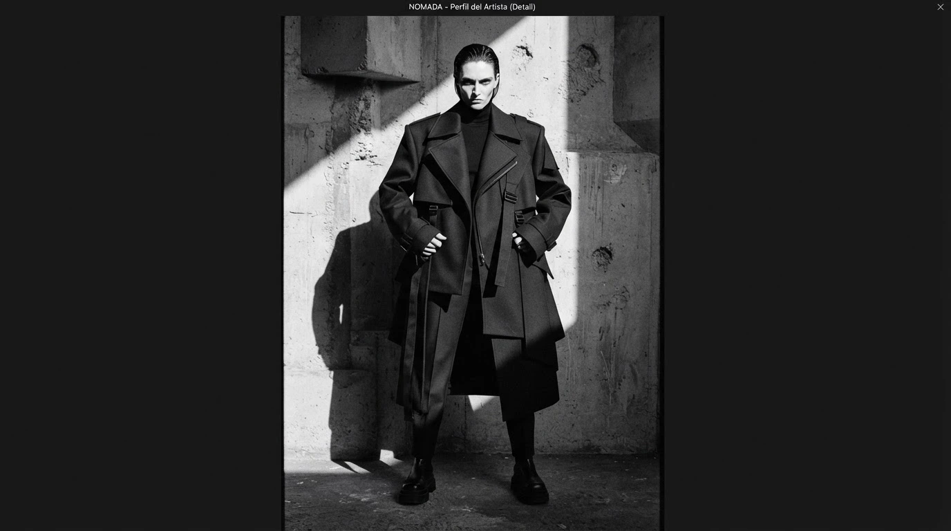 Structured industrial coat against a raw concrete wall, harsh directional lighting.