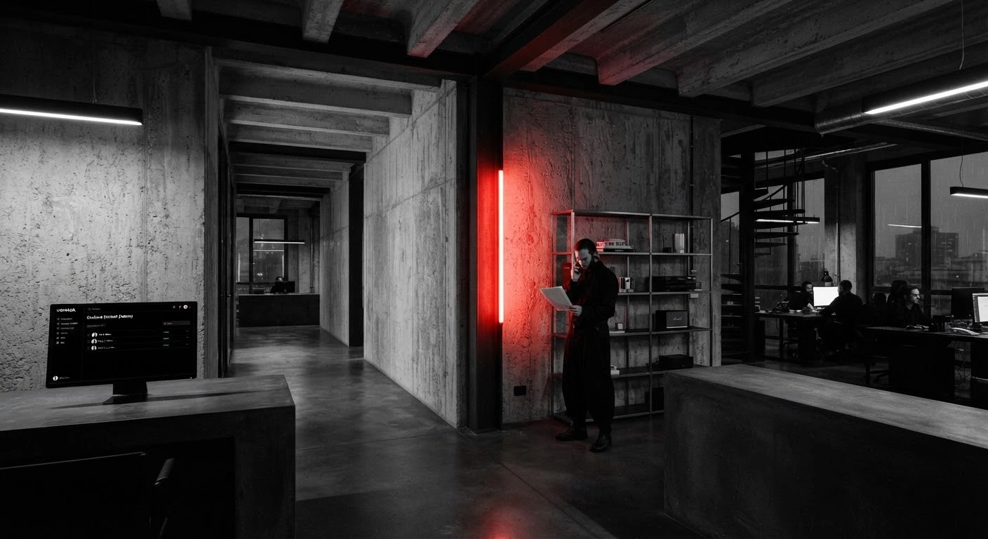Oficina brutalista industrial, texturas de hormigón, acento de luz roja vibrante.